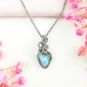 Naszyjnik Larimar stal chirurgiczna wisiorek handmade wirewrapping