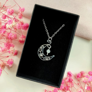 Naszyjnik Kamień Księżycowy Księżyc stal chirurgiczna wisiorek handmade wirewrapping