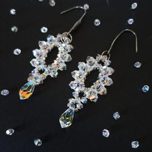 Kryształkowe Wiszące Kolczyki - Koraliki Miyuki Delica i Kryształki Preciosa Crystal AB