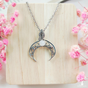 Naszyjnik Lunula Kamień Księżycowy stal chirurgiczna wisiorek handmade wirewrapping