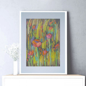 kolorowy obraz z kwiatami, rysunek z łąką, szkic łąki, rysunek kwiaty, ładny szkic do sypialni, ślub prezent, prezent na ślub, ręcznie malowany obraz