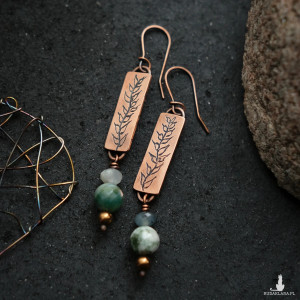 Delikatne kolczyki florystyczne miedziane prostokąty z agatem i akwamarynem