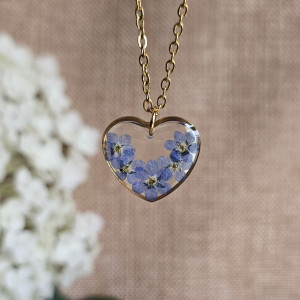 Złota zawieszka złoty wisiorek kwiat naszyjnik żywica z żywicy kwiaty serce serduszko niezapominajki niezapominajkami prawdziwe suszone kwiaty niezapominajka