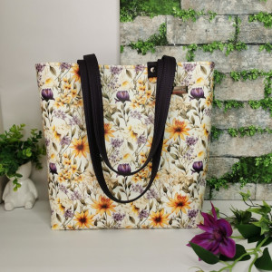 Torebka damska shopper bag torebka na ramię zamykana ekoskóra  - żółte kwiaty