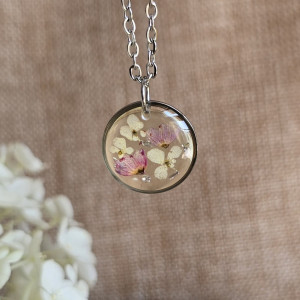 srebrna zawieszka srebrny wisiorek naszyjnik żywica z żywicy kwiaty z kwiatami retro naturalna dziewczęca kobieca różowe kwiaty