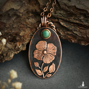Wisiorek miedziany naszyjnik z turkusem tybetańskim kwiatek