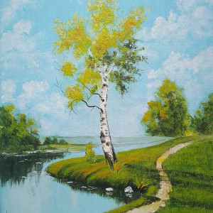 OBRAZ RĘCZNIE MALOWANY AKRYLOWY "BRZOZOWA SAMOTNIA" - 30x24cm