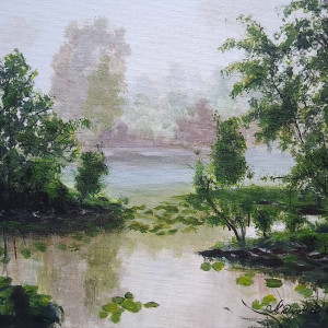 OBRAZ RĘCZNIE MALOWANY AKRYLOWY "PŁYWAJĄCE LIŚCIE" - 30x24cm