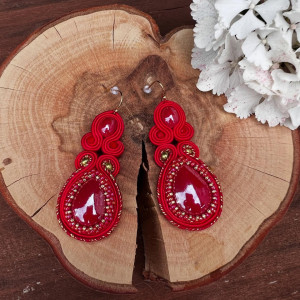 Kolczyki sutaszowe sutasz/soutache czerwone z ceramiką 014/25