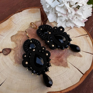 Kolczyki sutaszowe sutasz/soutache duże czarne z kryształkami 015/25