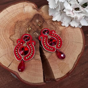Kolczyki sutaszowe sutasz/soutache duże czerwone z kryształkami 021/25