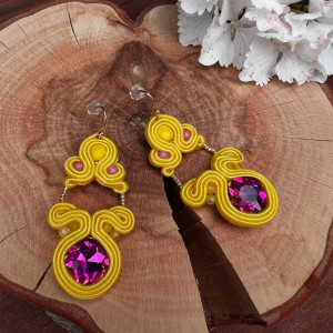 Kolczyki sutaszowe sutasz/soutache żółto-różowe  z kryształkami  023/25