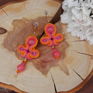 Kolczyki sutaszowe sutasz/soutache kolorowe różowe z koralikami 026/25
