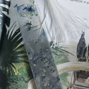 Zakładka z żywicy epoksydowej srebro brokatem gwiazdki płatki chabru s15