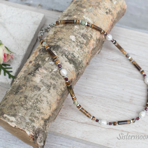 Choker Tygrysie Oko Granat i Perły