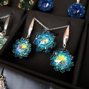 Komplet Biżuterii - Kolczyki i Naszyjnik z Koralików Miyuki, Kryształków i Kamieni Precios