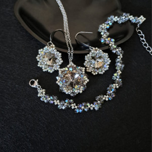 Bransoletka, Kolczyki i Naszyjnik "Black Diamond" - Komplet Biżuterii z Kryształków Preciosa