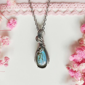 Naszyjnik Labradoryt stal chirurgiczna wisiorek handmade wirewrapping