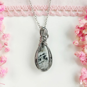 Naszyjnik Jaspis Szary stal chirurgiczna wisiorek handmade wirewrapping