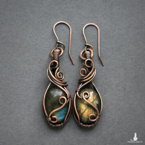 Kolczyki miedziane z labradorytami wire wrapping