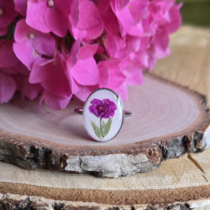 Srebrny pierścionek regulowany kwiaty z kwiatami kwiatem duży fioletowa gipsówka