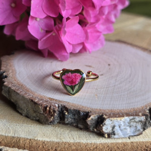 Złoty pierścionek regulowany kwiaty z kwiatami kwiatem duży czarna różowa gipsówka serce serduszko