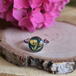 Srebrny pierścionek regulowany kwiaty z kwiatami kwiatem duży zielony żółta gipsówka