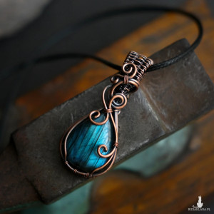Wisiorek miedziany naszyjnik labradoryt wire wrapping