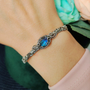 Bransoletka Labradoryt Niebieski sztywna stal chirurgiczna wirewrapping handmade
