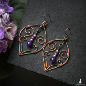 Kolczyki miedziane wire wrapping z agatem brazylijskim , jaspisem i hematytem