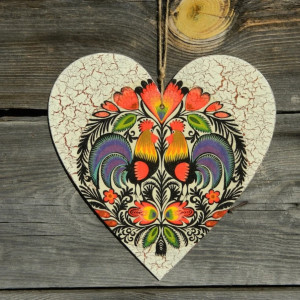 Duże ludowe serce z łowicką wycinanką i spękaniami, Vintage prezent shabby chic, Dekoracja folk do sypialni