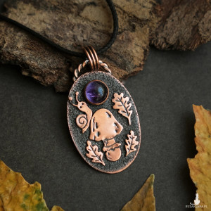 Jesienny wisiorek miedziany naszyjnik z ametystem leśna historia