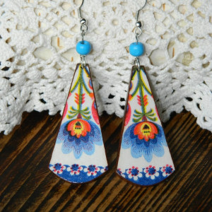 Niebieskie długie kolczyki wiszące, romantyczne kwiatowe, biżuteria folk boho etno, ludowe kwiaty