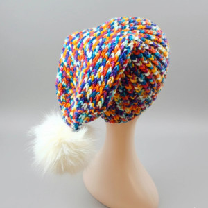 6900 Wesoła Czapka Zimowa Multikolor z Futerkiem - Ciepła i Modna, ręcznie robiona czapka z pomponem; czapka krasnal, długa czapka