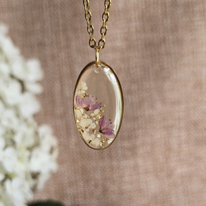 Złota zawieszka złoty wisiorek naszyjnik żywica z żywicy kwiaty z kwiatami jajowata retro naturalna delikatna dziewczęca kobieca kolorowa różowa