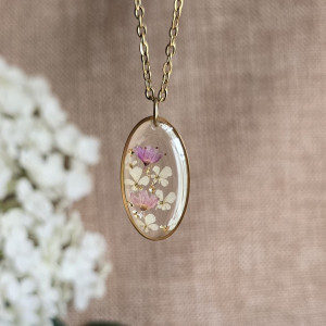Złota zawieszka złoty wisiorek naszyjnik żywica z żywicy kwiaty z kwiatami jajowata retro naturalna delikatna dziewczęca kobieca kolorowa różowa