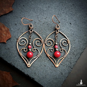 Kolczyki miedziane wire wrapping jadeit, jaspis cesarski, hematyt