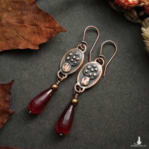 Kolczyki miedziane z muchomorami leśne historie - agat, hematyt