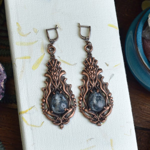 Wiktoriańskie miedziane wiszące kolczyki z kamieniem / larvikit #1