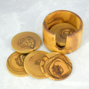 Podkładki pod kubki 6 szt.+ stojak - drewno oliwne