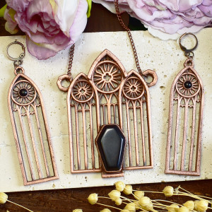Gotycki miedziany zestaw - kolczyki i wisiorek z czarnym onyksem, rozeta #S8