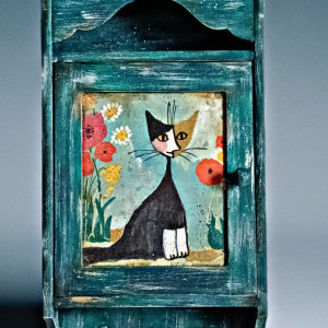 Drewniana skrzynka na klucze, "Kot"