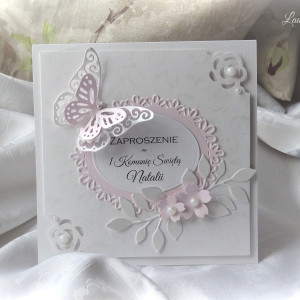 Zaproszenie na Pierwszą Komunię Świętą Pudrowy róż