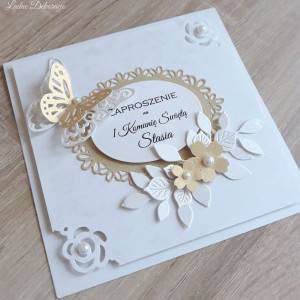 Zaproszenie na Pierwszą Komunię Świętą Złoty Ażurowy Motyl