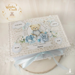 Pudełko wspomnień na chrzest, roczek, narodziny "Oh Baby Miś" niebieskie