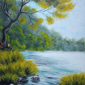 OBRAZ RĘCZNIE MALOWANY AKRYLOWY "NAD SAMĄ WODĄ" - 30x24cm