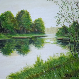 OBRAZ RĘCZNIE MALOWANY AKRYLOWY "NA ZIELONYCH MOKRADŁACH" - 24x30cm