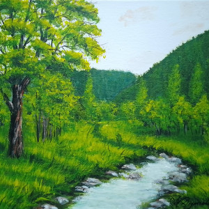 OBRAZ RĘCZNIE MALOWANY AKRYLOWY "W ZIELONYM ZACISZU" - 24x30cm