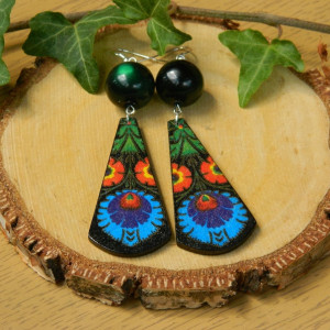 Duże ludowe kolczyki na co dzień, czarne granatowe zielone, biżuteria folk boho etno, polski folklor, prezent dla kobiety