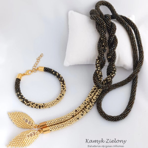 Komplet lariat i bransoletka - brązowo-złoty - wykończenia ze stali szlachetnej